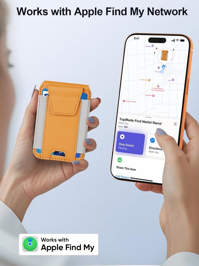 TopMade for Magsafe Wallet, Works with Apple Find My, Strongest Magnetic Wallet for iPhone 16/15/14/13/12 Series, Mganetic Card Holder with Adjustable Stand, 9 Cards Holder, Orange - Image 2